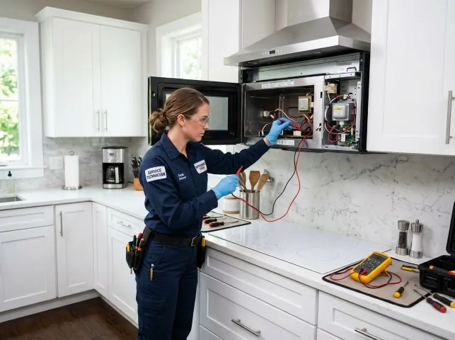 Appliance Repair Hero technician testing an over-the-range microwave in a Borden, IN kitchen